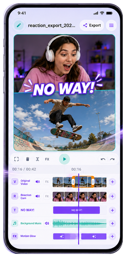 Reaction Creator optional Editor Mode with a reaction video timeline