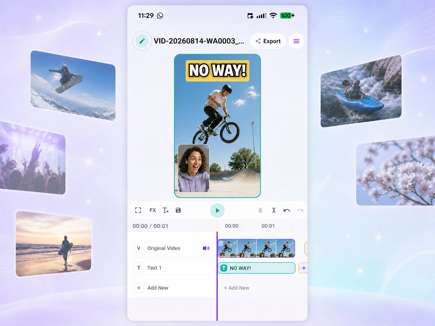 Optional Reaction Creator Editor Mode with video, text, audio, and effects controls