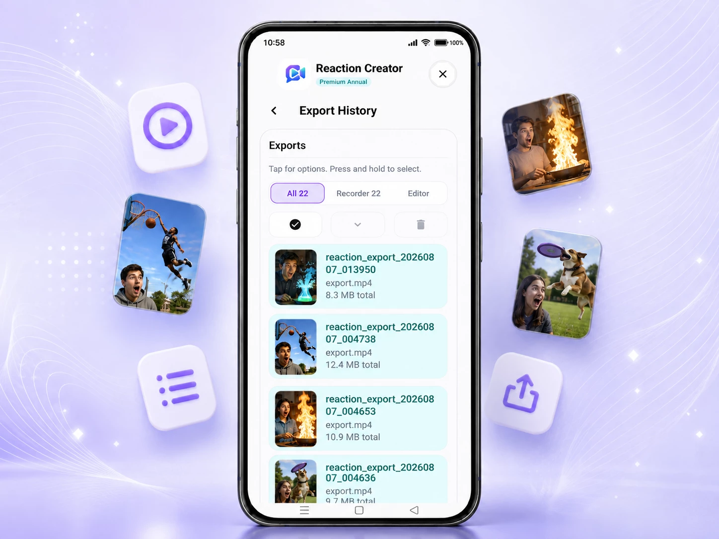 Reaction Creator export history