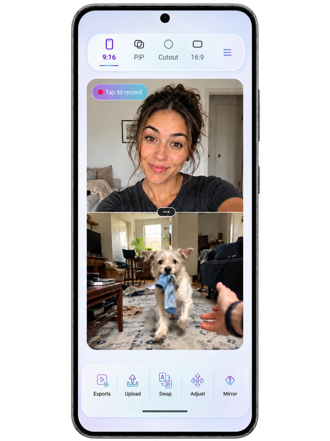 Reaction Creator 9:16 layout with a creator above a dog source video