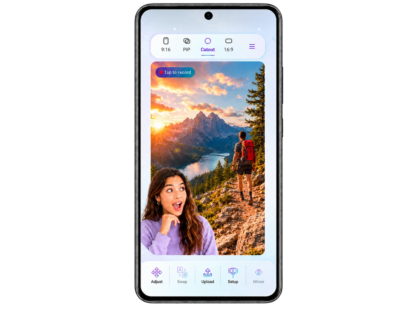 Reaction Creator Cutout layout with a creator placed over a hiking source video